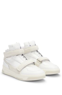 Shop Hugo Boss Naomi X Boss Leather High-top Trainers With Riptape Straps In White