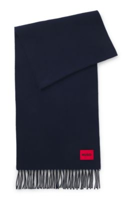 Twisted-fringe scarf in wool twill, Dark Blue