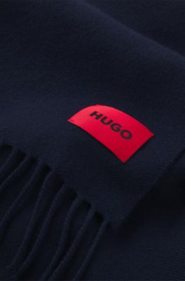 Twisted-fringe scarf in wool twill, Dark Blue