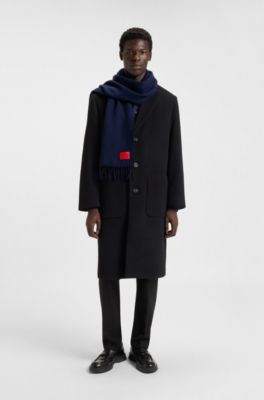 Twisted-fringe scarf in wool twill, Dark Blue