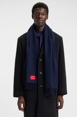 Twisted-fringe scarf in wool twill, Dark Blue