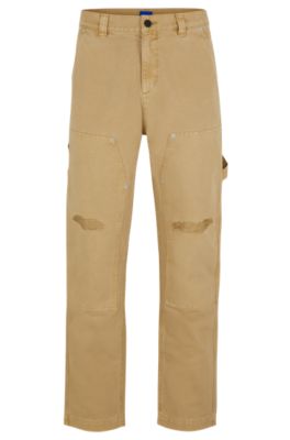 Hugo Boss Cotton-canvas Trousers With Distressed Details In Beige
