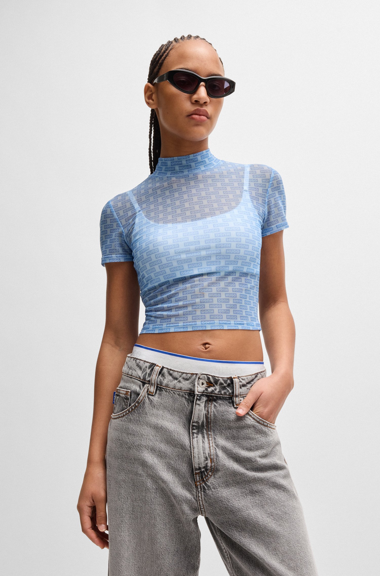 Cropped top printed stretch mesh