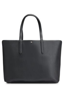 Grained faux-leather shopper bag with outline logo, Black