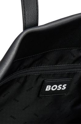 Grained faux-leather shopper bag with outline logo, Black