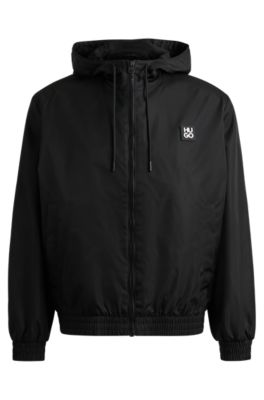 Hugo Boss Water-repellent Hooded Jacket With Stacked-logo Trim In Black