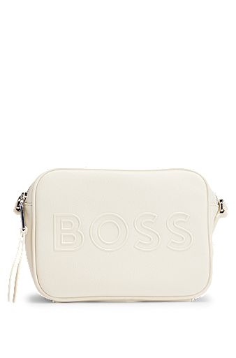 Grained faux-leather crossbody bag with outline logo, White