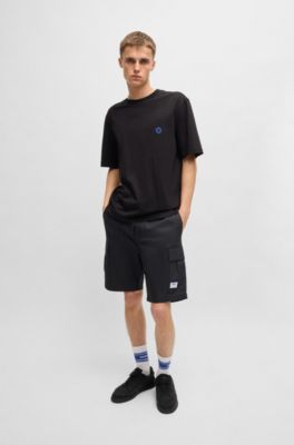 Structured-cotton shorts with drawstring and logo patch, Black