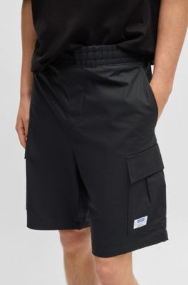 Structured-cotton shorts with drawstring and logo patch, Black