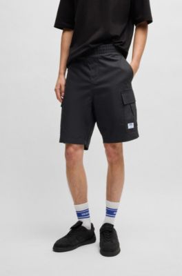 Structured-cotton shorts with drawstring and logo patch, Black