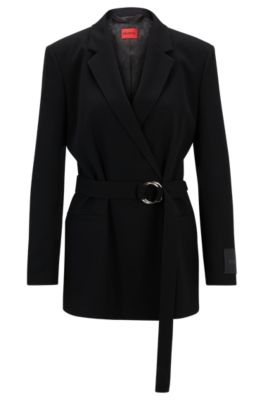 Hugo Boss Relaxed-fit Long-length Jacket With Wrap Front In Black