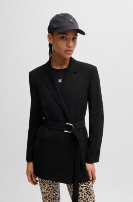 Relaxed-fit long-length jacket with wrap front, Black