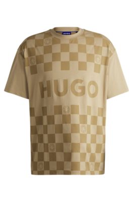 Camiseta holgada de punto de algod&oacute;n con estampado a cuadros, Beige