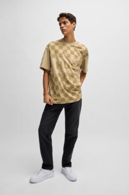 Camiseta holgada de punto de algod&oacute;n con estampado a cuadros, Beige