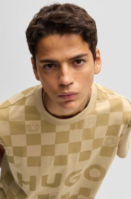 Camiseta holgada de punto de algod&oacute;n con estampado a cuadros, Beige