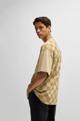 Camiseta holgada de punto de algod&oacute;n con estampado a cuadros, Beige