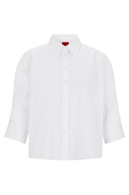 Shop Hugo Regular-fit Blouse In Cotton Poplin With Pleated Sleeves In White