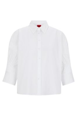 Hugo Boss Regular-fit Blouse In Cotton Poplin With Pleated Sleeves In White