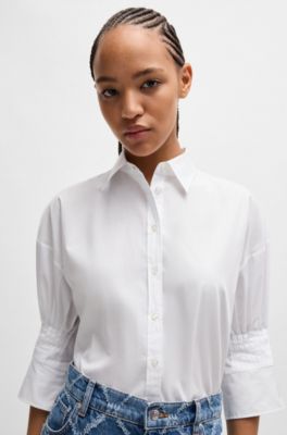 Blusa regular fit en popel&iacute;n de algod&oacute;n con mangas plisadas, Blanco