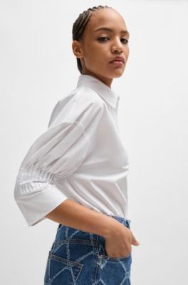 Blusa regular fit en popel&iacute;n de algod&oacute;n con mangas plisadas, Blanco