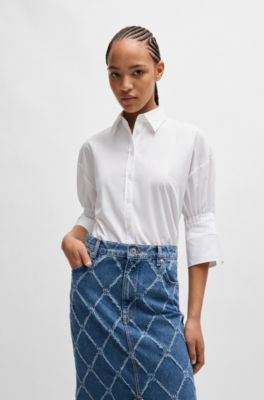 Blusa regular fit en popel&iacute;n de algod&oacute;n con mangas plisadas, Blanco