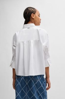 Blusa regular fit en popel&iacute;n de algod&oacute;n con mangas plisadas, Blanco