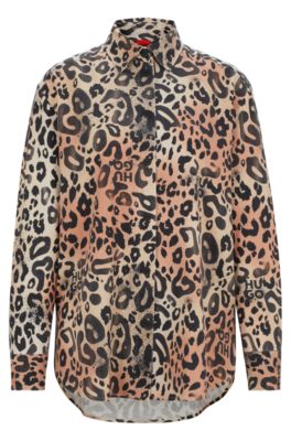 Hugo Boss Oversize-fit Blouse In Leopard-print Twill In Patterned