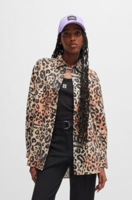 Oversize-fit blouse in leopard-print twill, Patterned