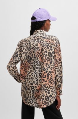 Oversize-fit blouse in leopard-print twill, Patterned