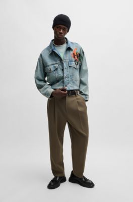 Regular-fit jacket in rigid denim with logo prints, Turquoise