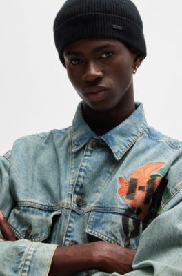 Regular-fit jacket in rigid denim with logo prints, Turquoise