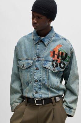 Regular-fit jacket in rigid denim with logo prints, Turquoise