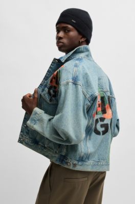 Regular-fit jacket in rigid denim with logo prints, Turquoise