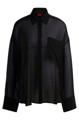 Shop Hugo Oversize-fit Blouse In Sheer Seersucker With Point Collar In Black