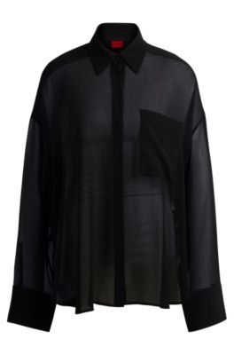 Hugo Boss Oversize-fit Blouse In Sheer Seersucker With Point Collar In Black