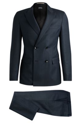 BOSS - Double-breasted slim-fit suit in micro-patterned wool - Dark Blue