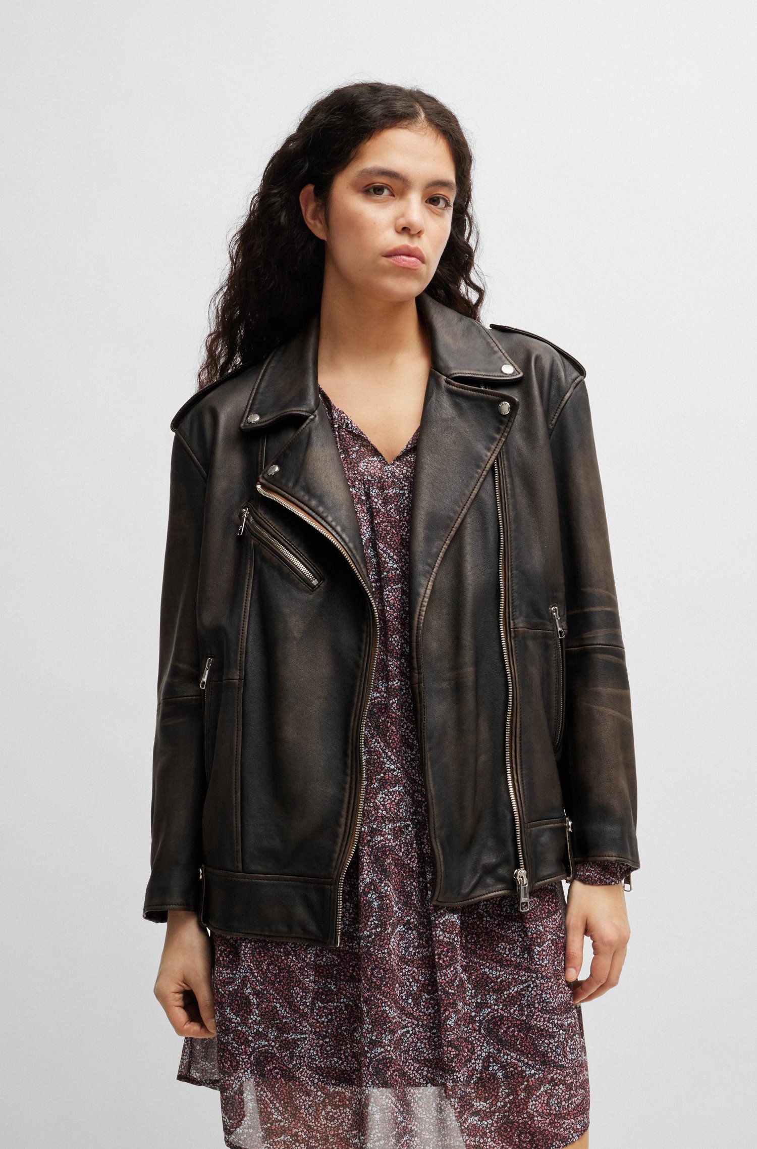 Zip-up leather jacket with signature lining