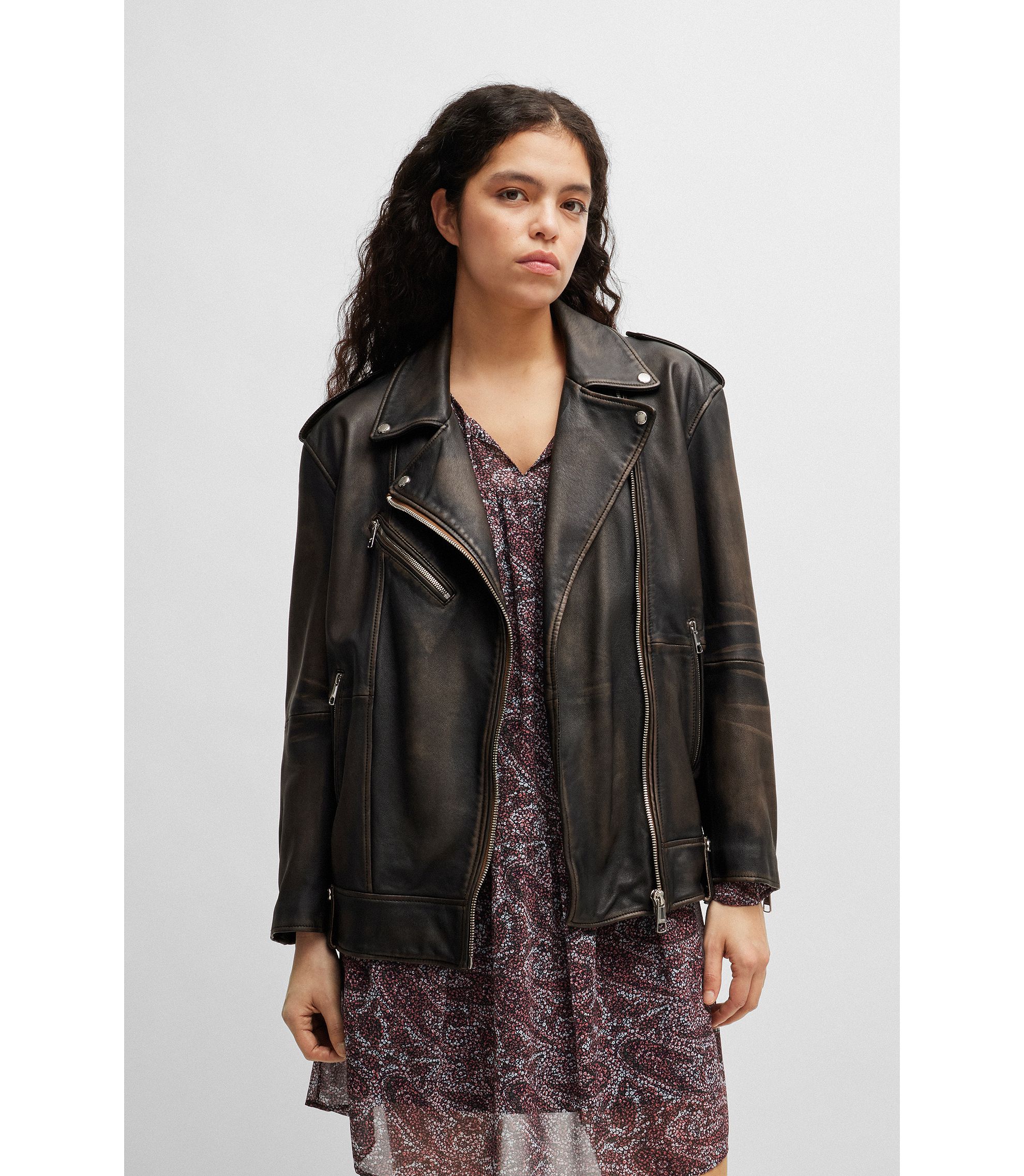 BOSS - Zip-up leather jacket with signature lining - Brown BOSS - Zip-up leather jacket with signature lining - Brown