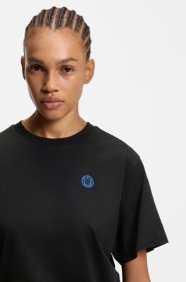 Camiseta de punto de algod&oacute;n con logo Happy HUGO, Negro