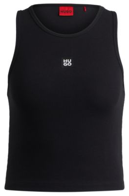 Hugo Boss Ribbed Pajama Vest In Stretch Cotton With Stacked Logo In Black