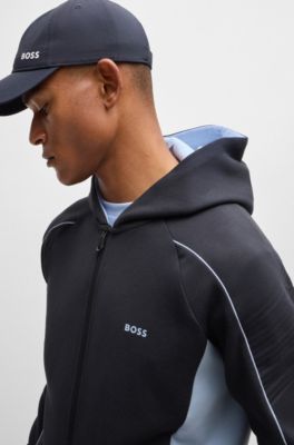 Sweat &agrave; capuche zipp&eacute; en coton stretch avec motif artistique emboss&eacute;, Bleu fonc&eacute;