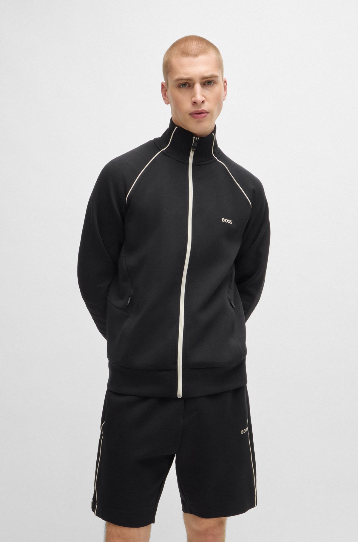 BOSS - Stretch-cotton zip-up sweatshirt with piping and BOSS - Stretch-cotton zip-up sweatshirt with piping and