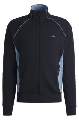 Hugo Boss Stretch-cotton Zip-up Sweatshirt With Piping And Branding In Dark Blue