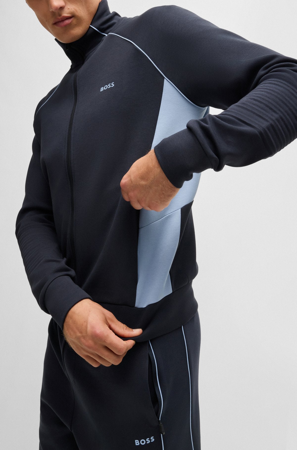 BOSS - Stretch-cotton zip-up sweatshirt with piping and BOSS - Stretch-cotton zip-up sweatshirt with piping and