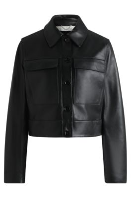 BOSS - Leather jacket with contrast cuffs and buttoned closure - Black