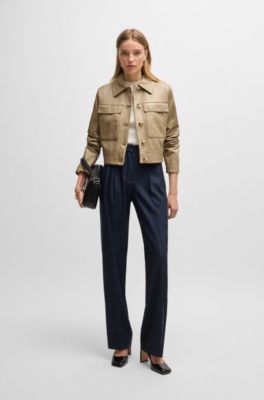 Leather jacket with contrast cuffs and buttoned closure, Light Beige