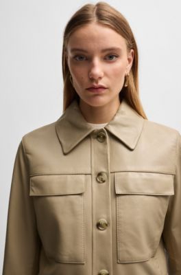 Leather jacket with contrast cuffs and buttoned closure, Light Beige