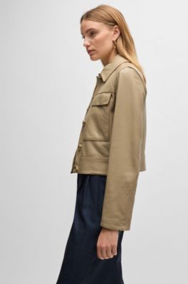 Leather jacket with contrast cuffs and buttoned closure, Light Beige