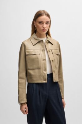 Leather jacket with contrast cuffs and buttoned closure, Light Beige