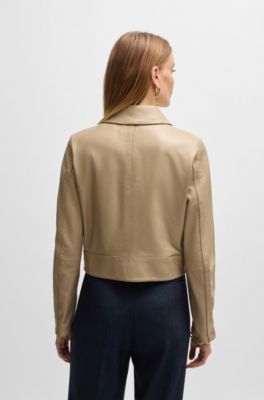 Leather jacket with contrast cuffs and buttoned closure, Light Beige